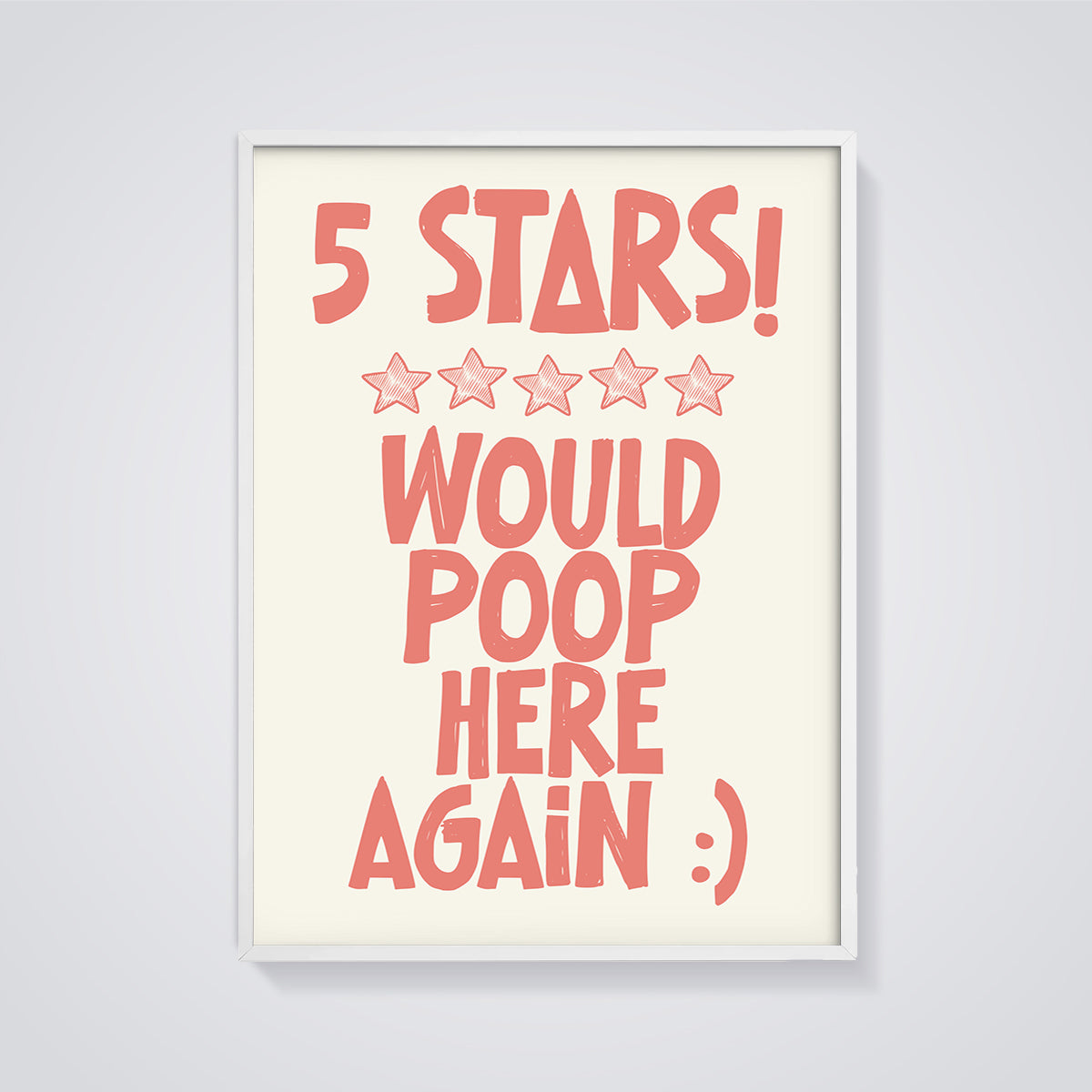 5 Stars Would Poop Here Again Print framed in white on a grey background