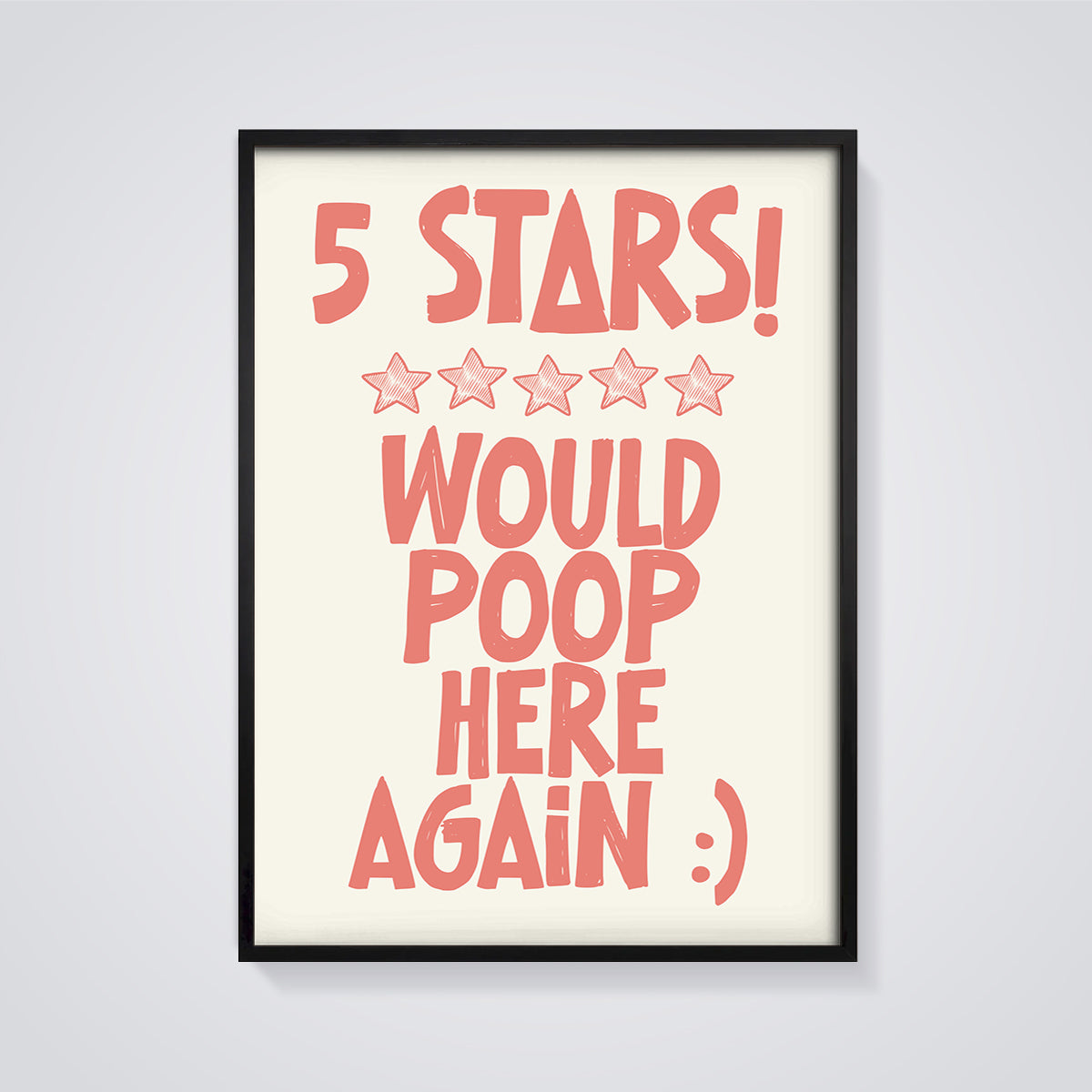 5 Stars Would Poop Here Again Print framed in black on a grey background