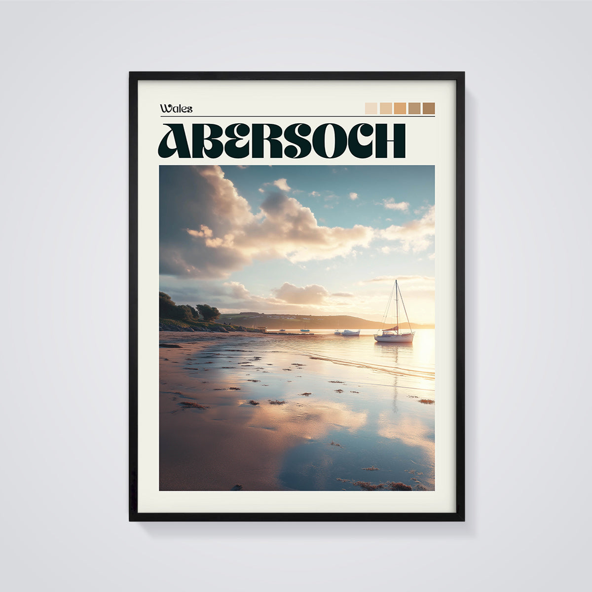Abersoch Wales Beach Sunset Print framed in black on a grey background