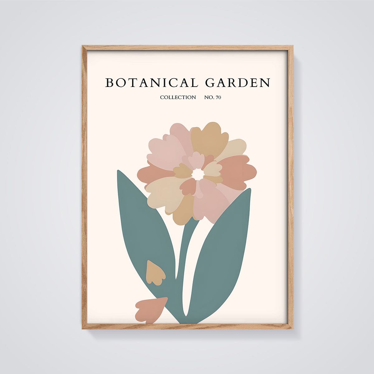 Abstract Botanical Garden Flower Print framed in oak on a grey background