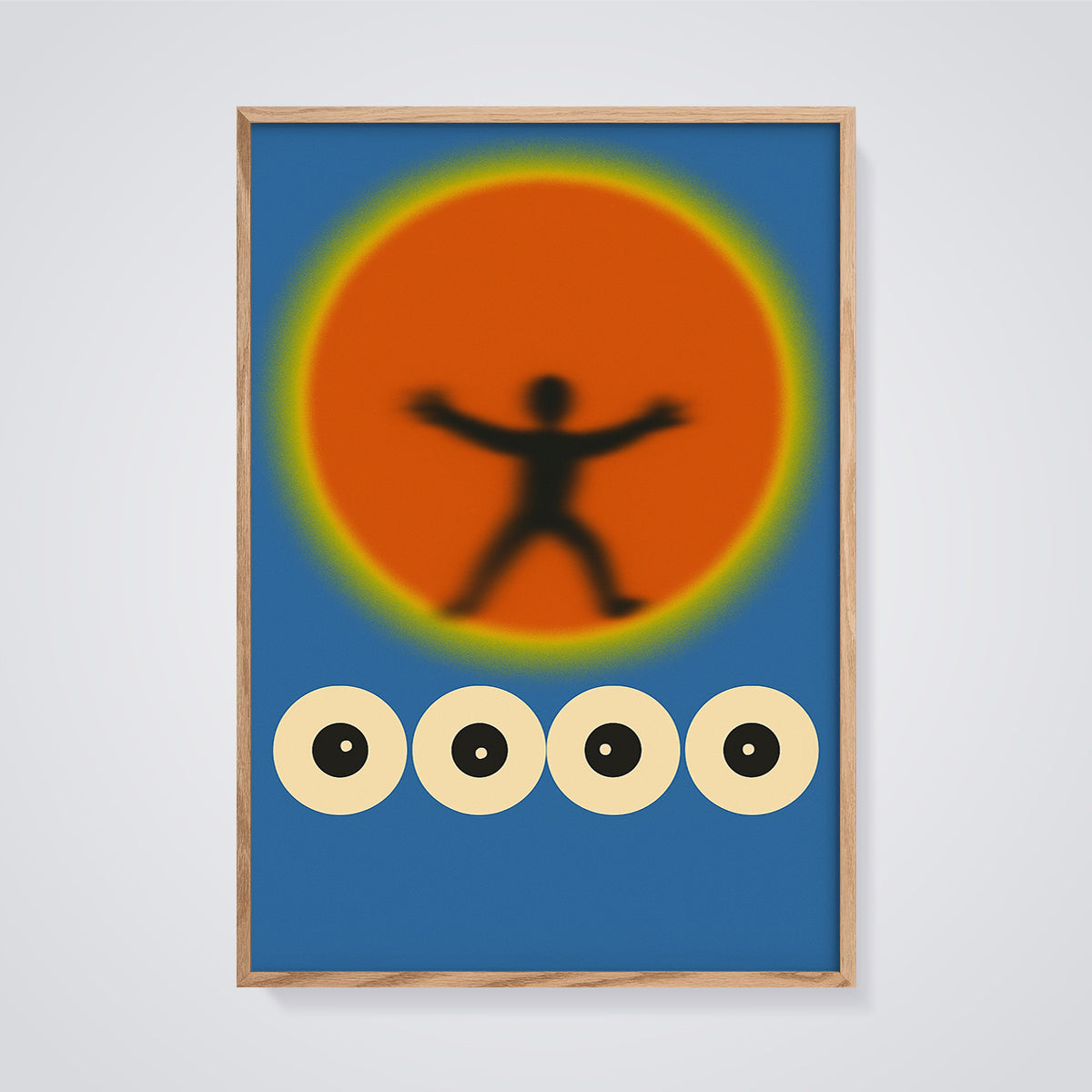 Abstract Sun Figure Eyes Print framed in oak on a grey background