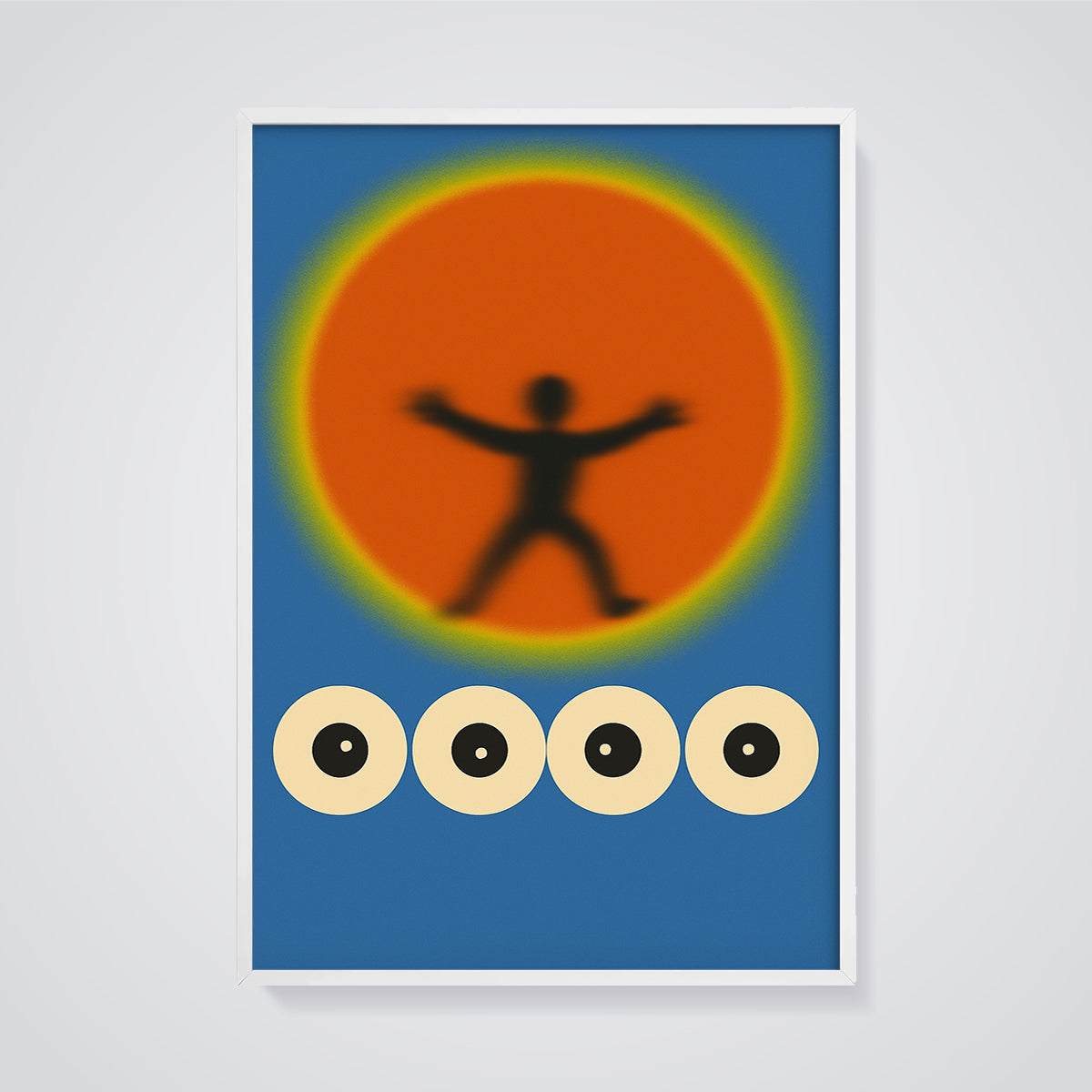 Abstract Sun Figure Eyes Print framed in white on a grey background