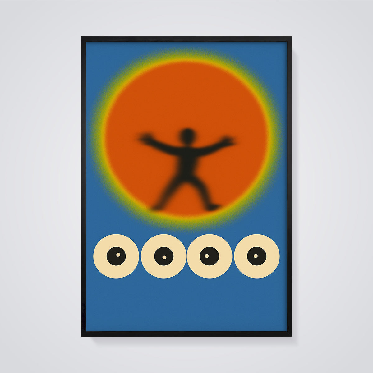 Abstract Sun Figure Eyes Print framed in black on a grey background