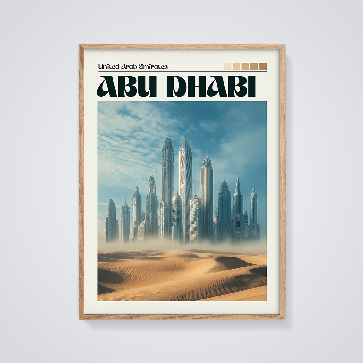 Abu Dhabi Desert Cityscape Print framed in oak on a grey background