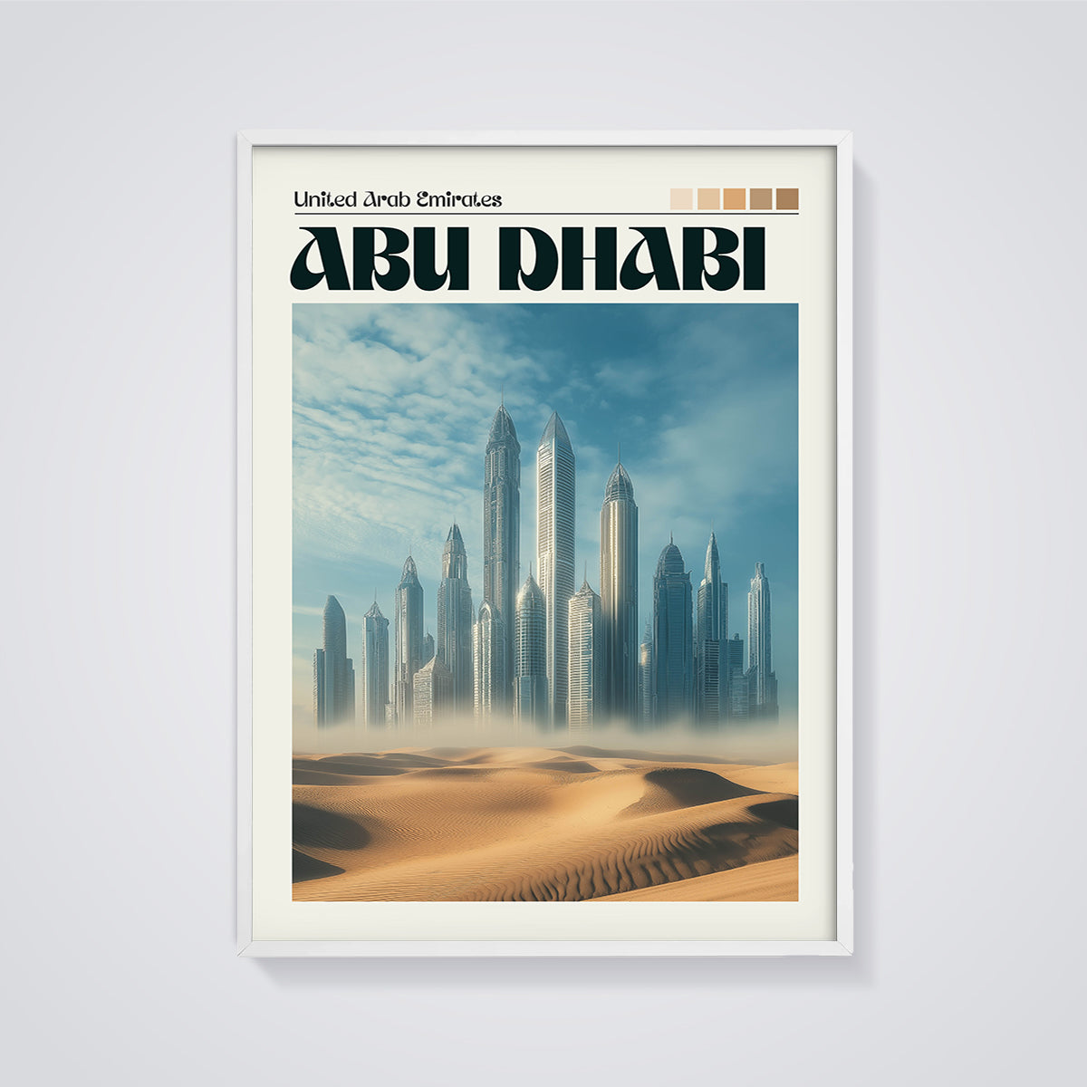 Abu Dhabi Desert Cityscape Print framed in white on a grey background