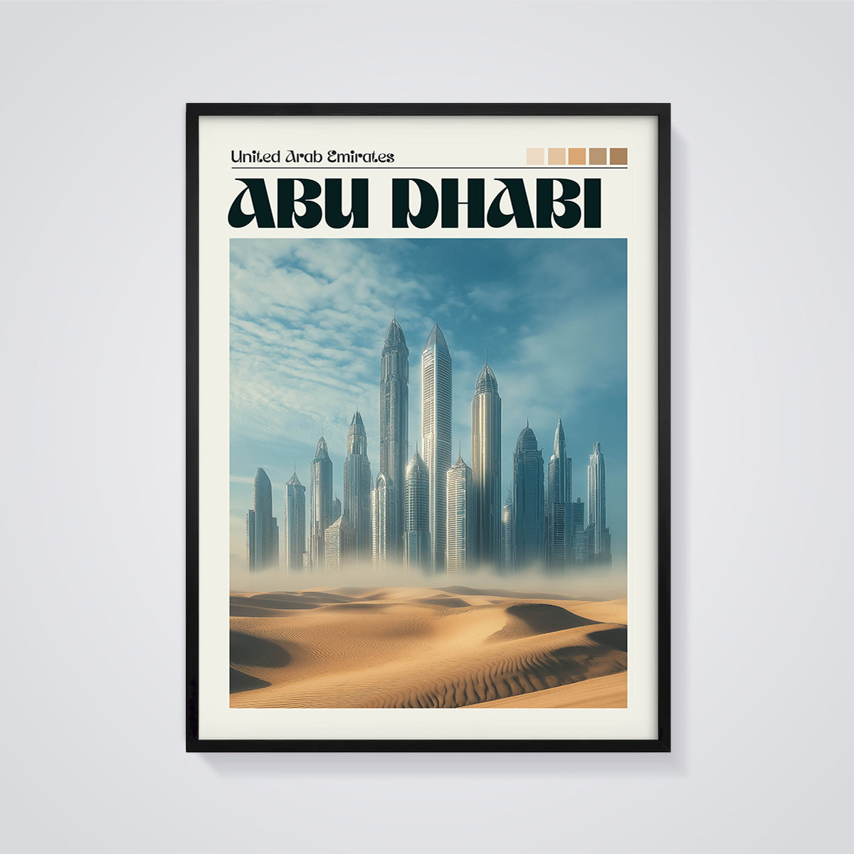 Abu Dhabi Desert Cityscape Print framed in black on a grey background