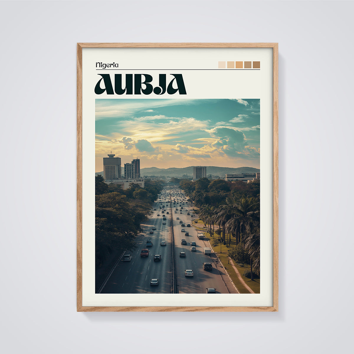 Abuja City Traffic Print framed in oak on a grey background