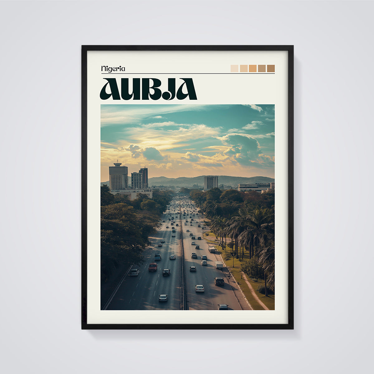 Abuja City Traffic Print framed in black on a grey background