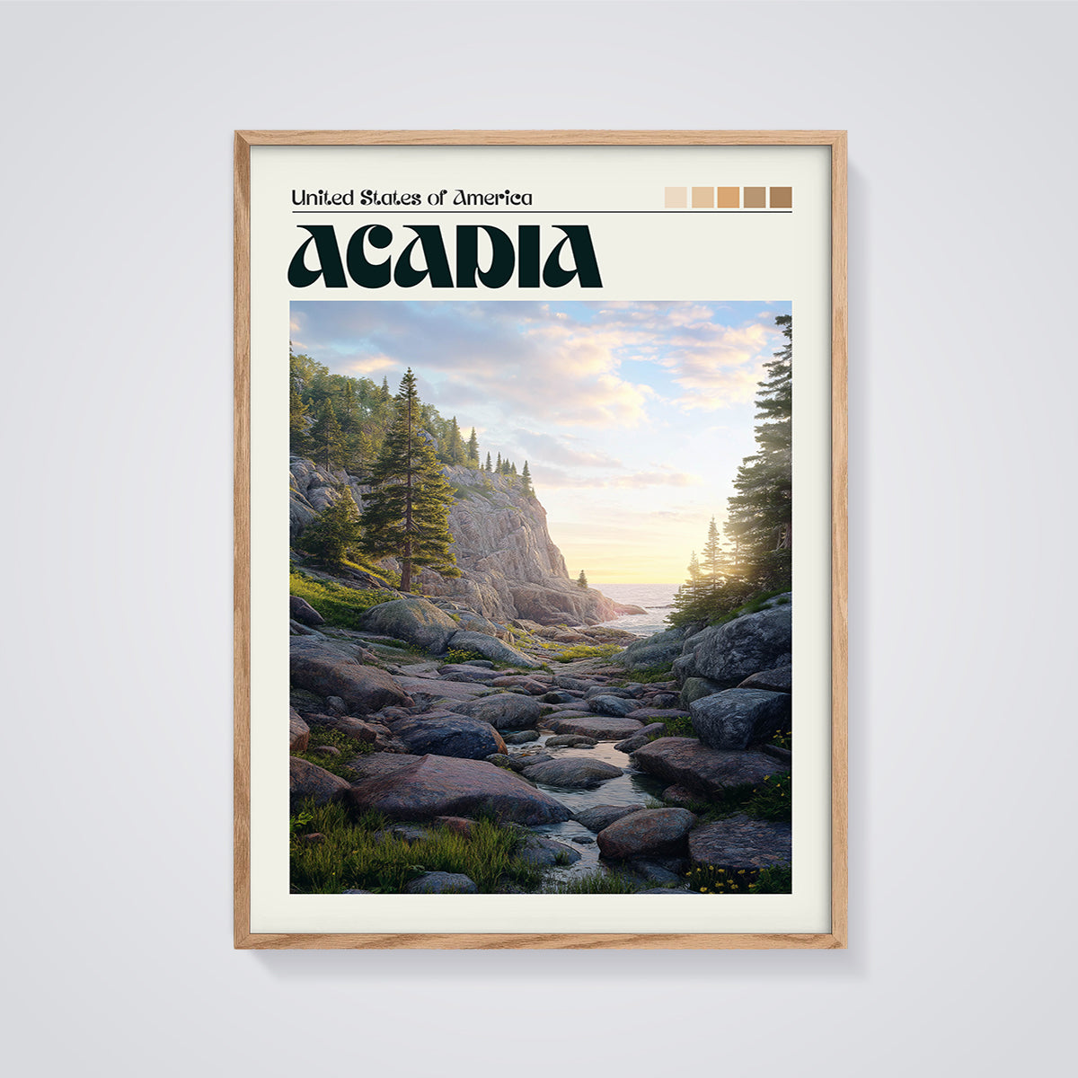 Acadia Coastal Landscape Print framed in oak on a grey background