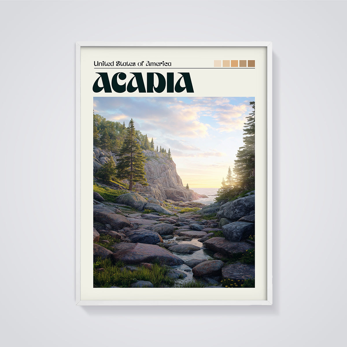 Acadia Coastal Landscape Print framed in white on a grey background
