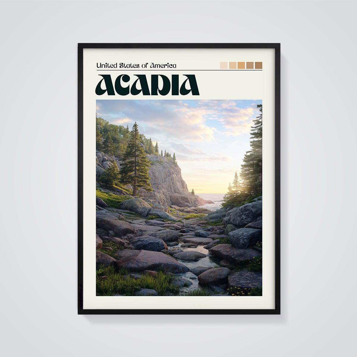 Acadia Coastal Landscape Print framed in black on a grey background
