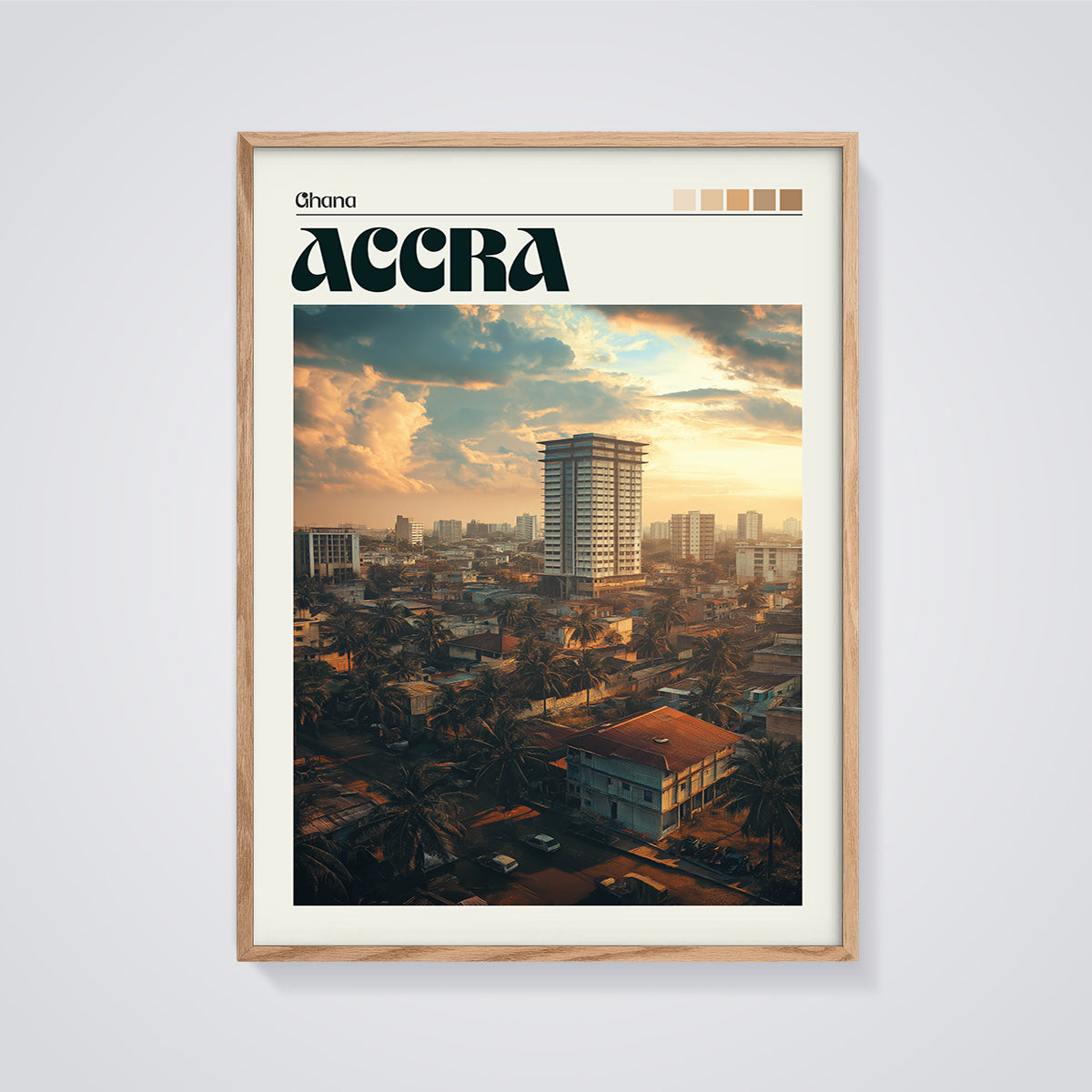 Accra Ghana Cityscape Print framed in oak on a grey background