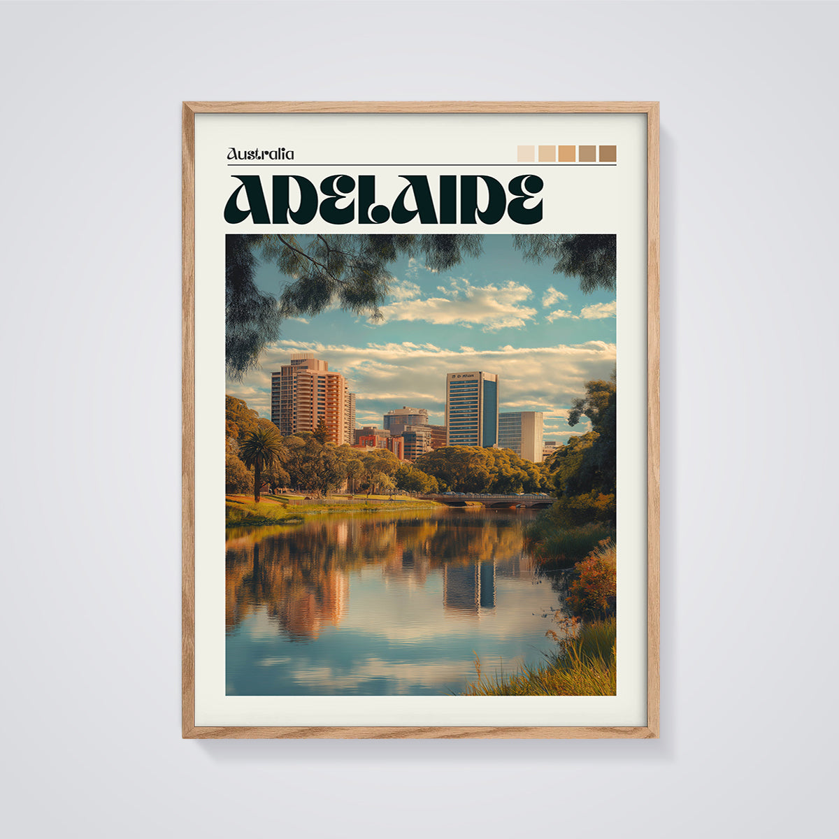 Adelaide Australia River Skyline Print framed in oak on a grey background