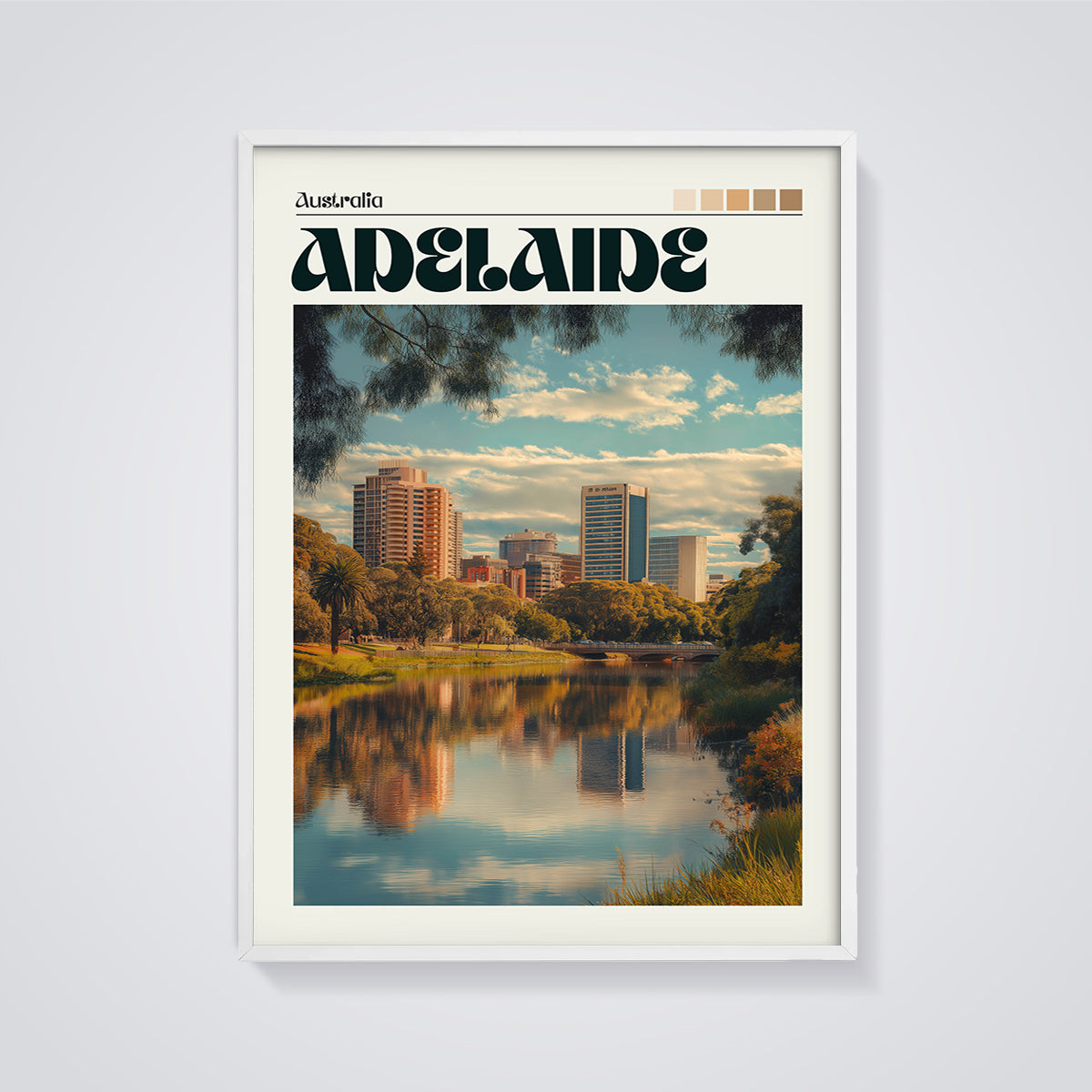 Adelaide Australia River Skyline Print framed in white on a grey background