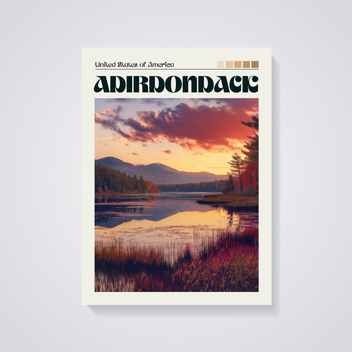 Adirondack Sunset Lake Print unframed on a grey background