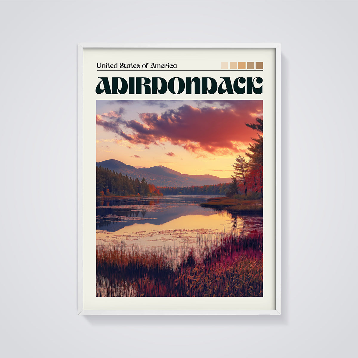 Adirondack Sunset Lake Print framed in white on a grey background