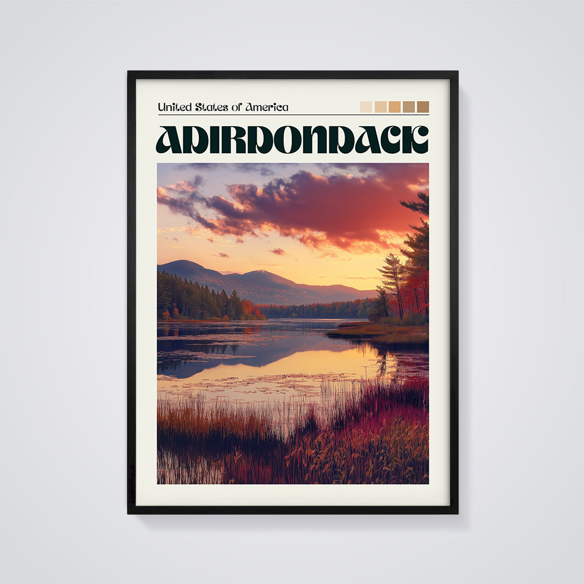 Adirondack Sunset Lake Print framed in black on a grey background
