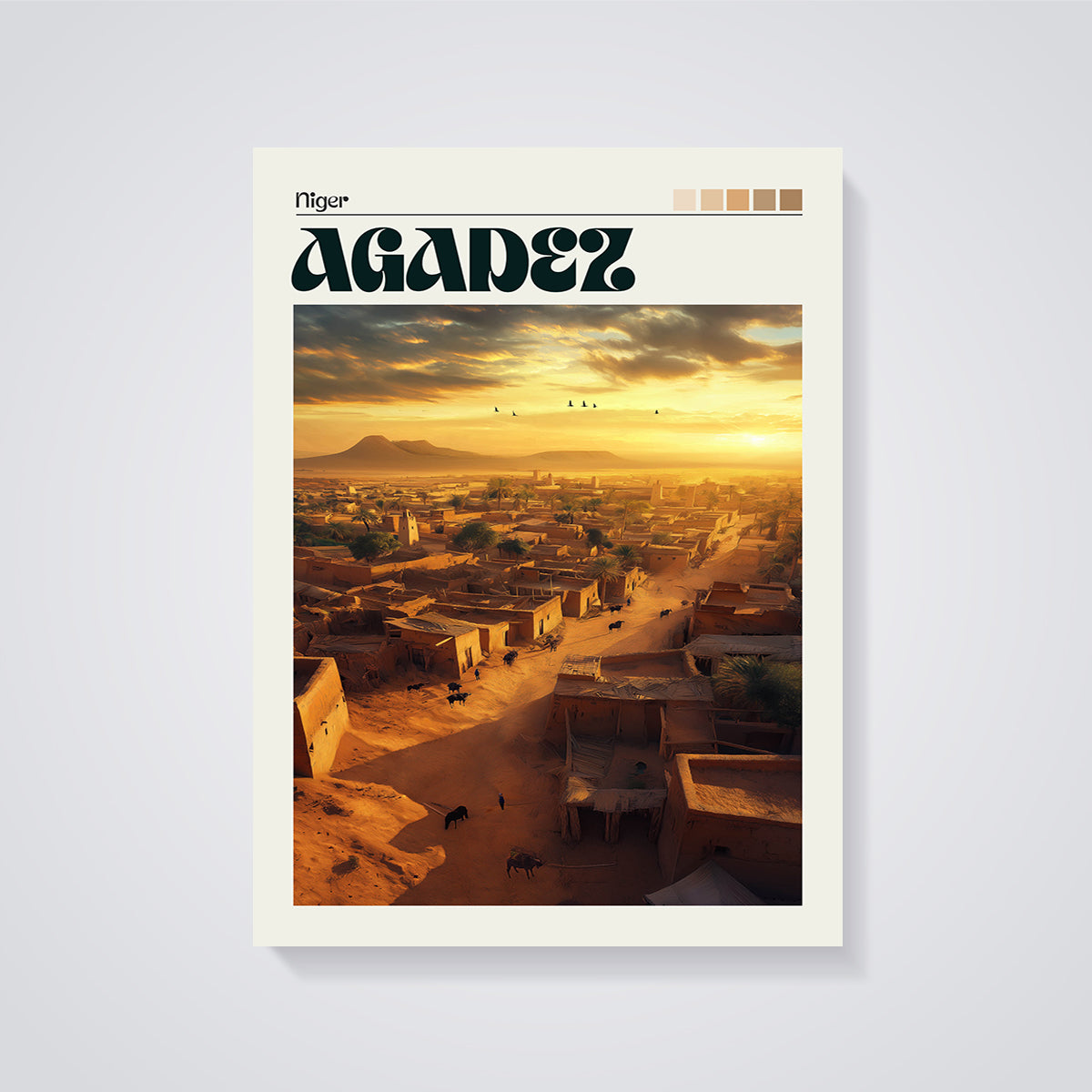 Agadez Sunset Town Print unframed on a grey background