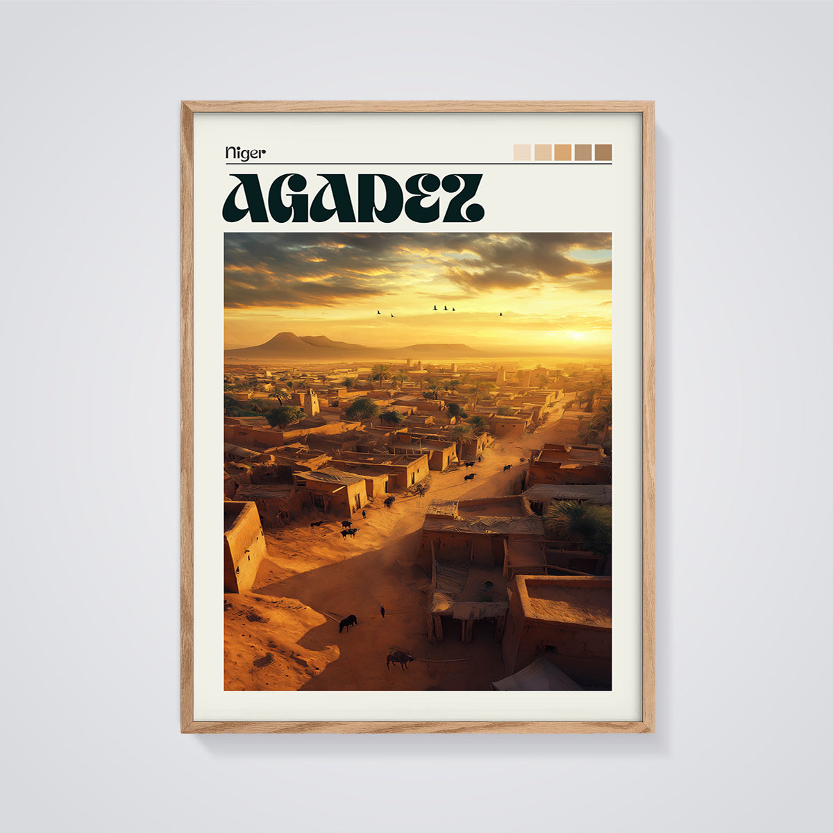 Agadez Sunset Town Print framed in oak on a grey background