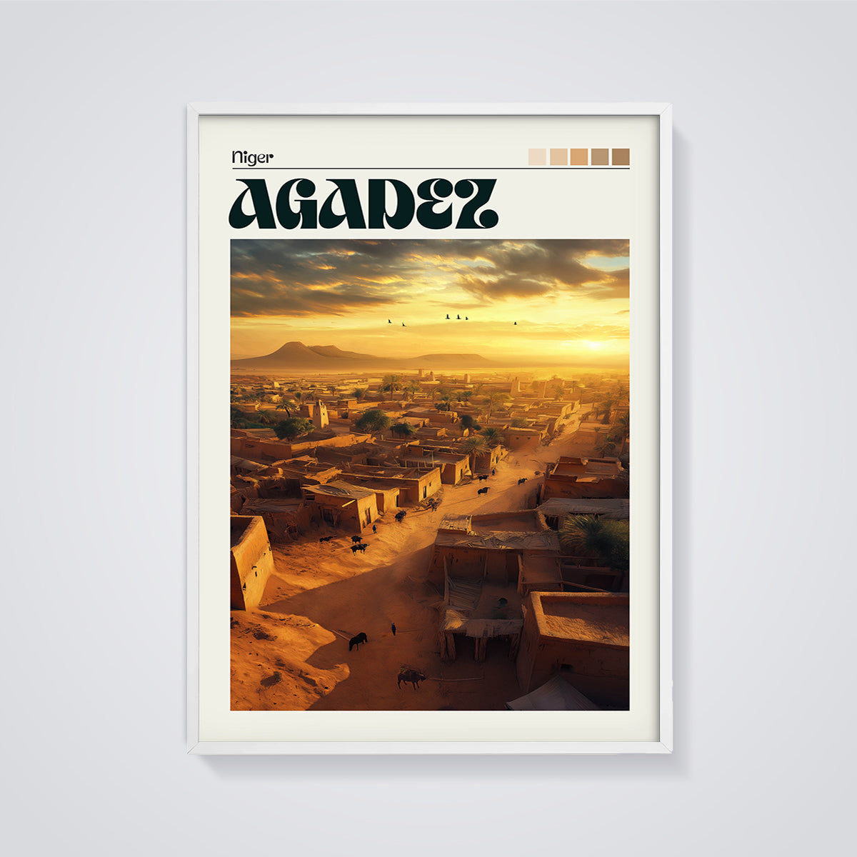 Agadez Sunset Town Print framed in white on a grey background