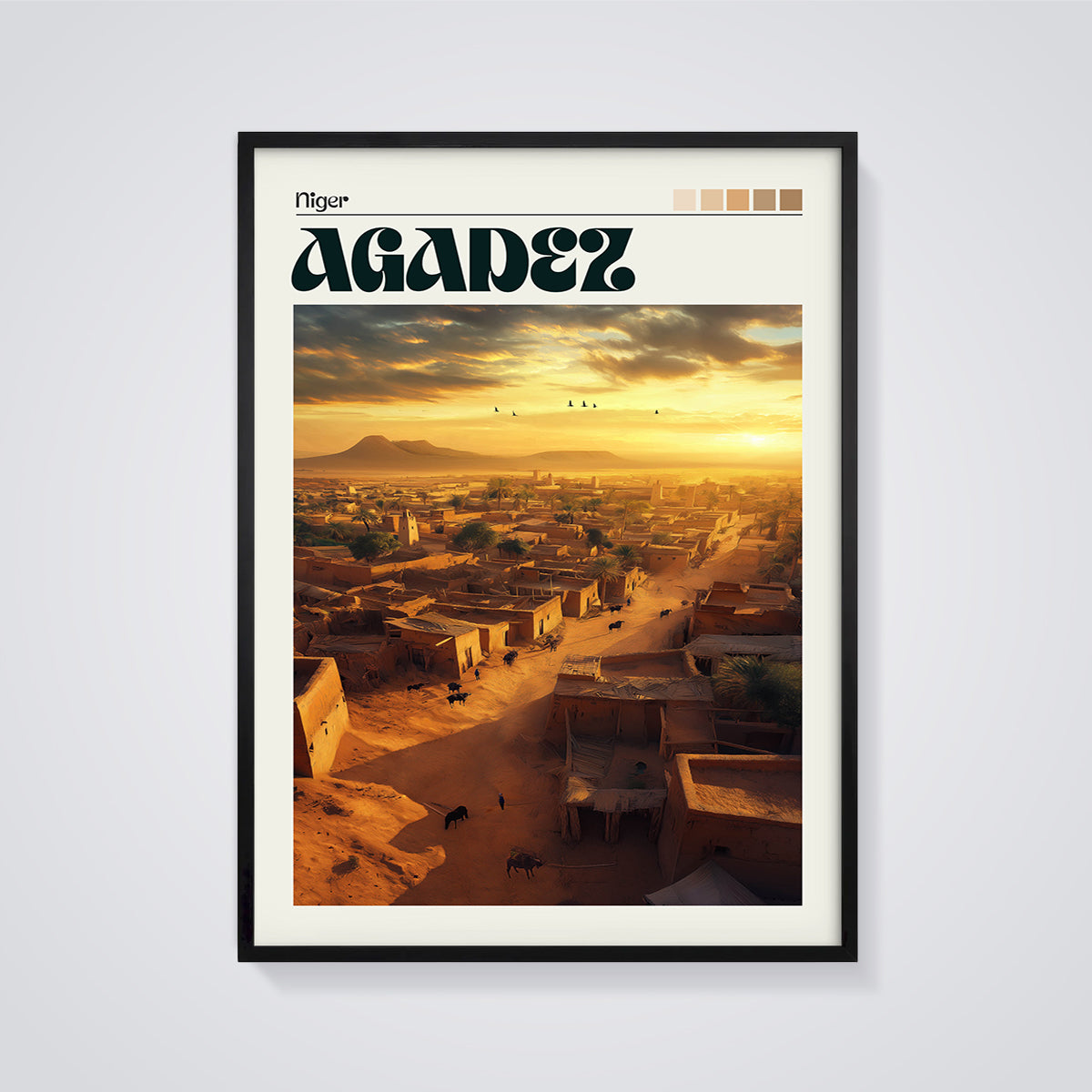 Agadez Sunset Town Print framed in black on a grey background