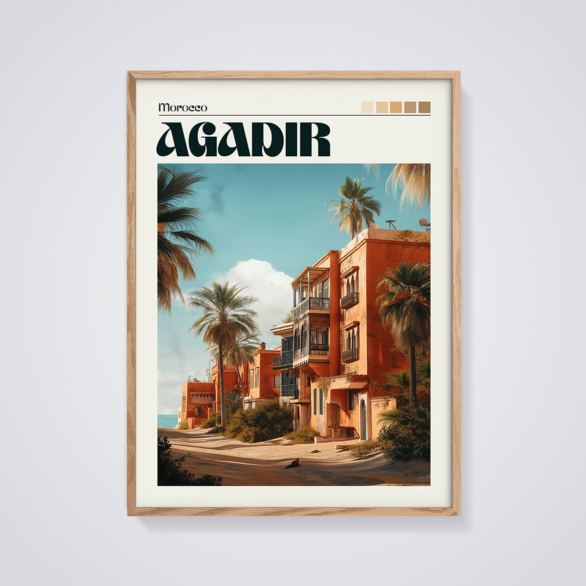 Agadir Morocco Coastal Oasis Print framed in oak on a grey background