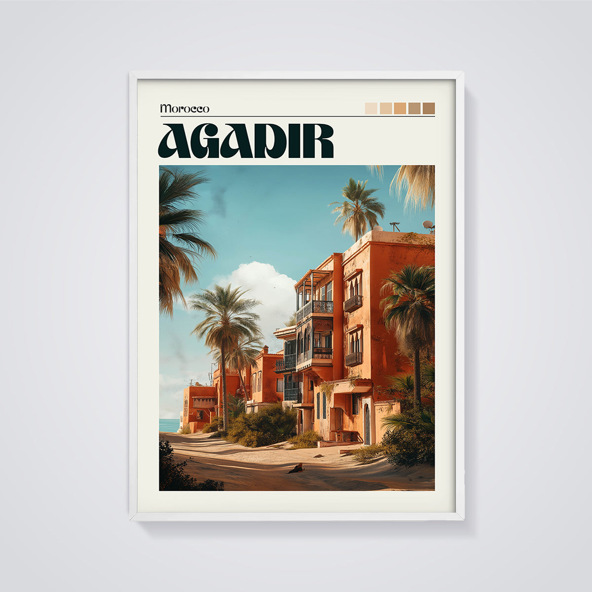 Agadir Morocco Coastal Oasis Print framed in white on a grey background