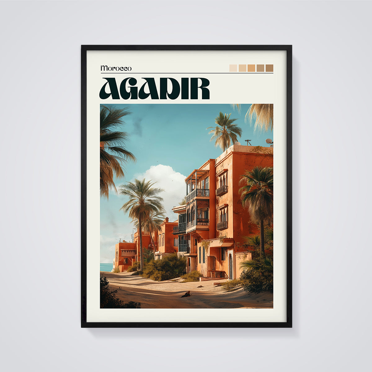 Agadir Morocco Coastal Oasis Print framed in black on a grey background