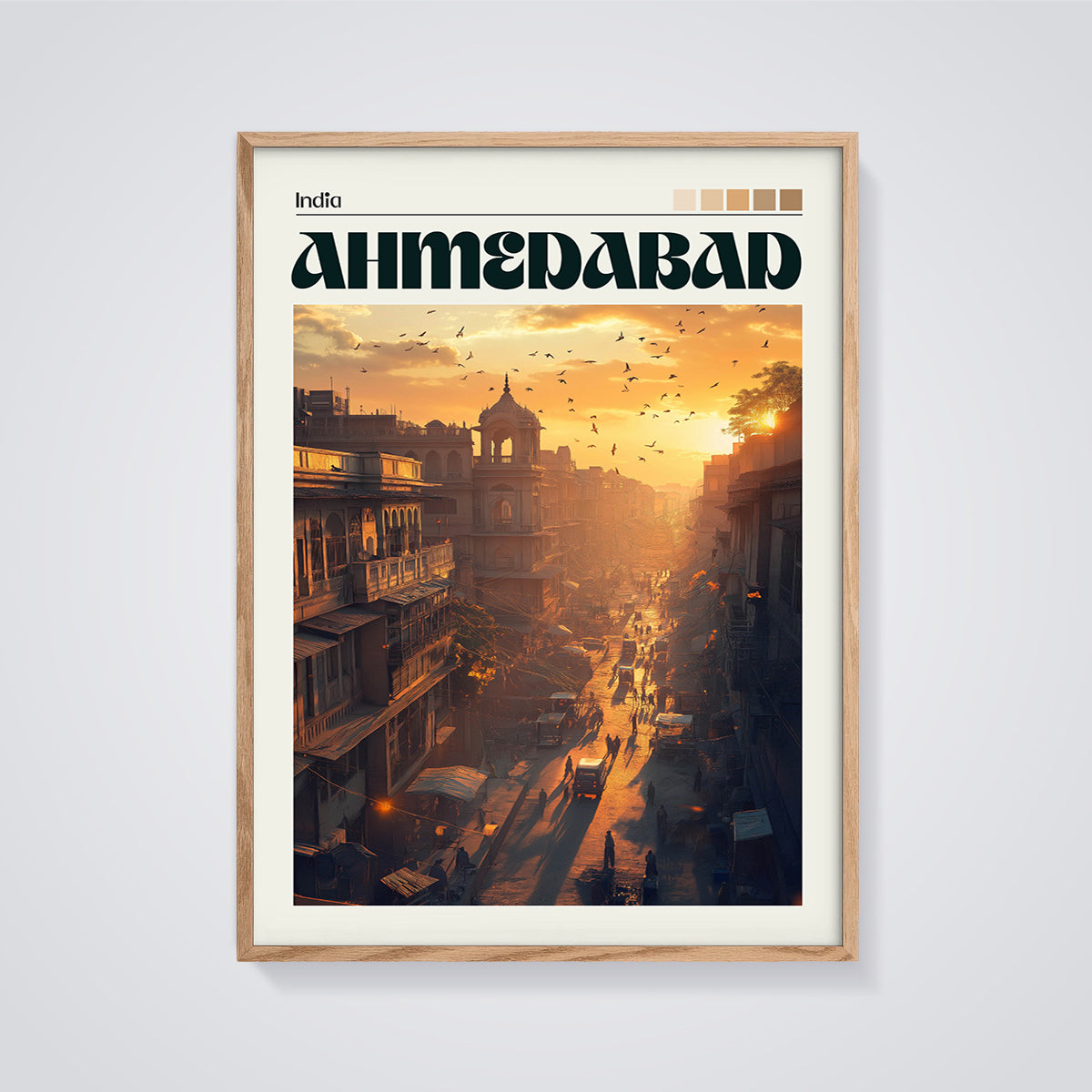 Ahmedabad Sunset Street Print framed in oak on a grey background