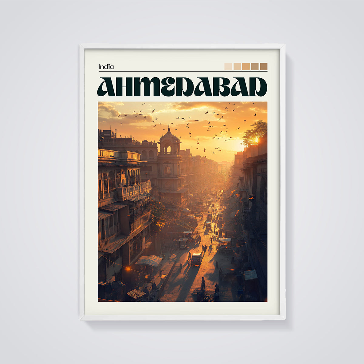Ahmedabad Sunset Street Print framed in white on a grey background