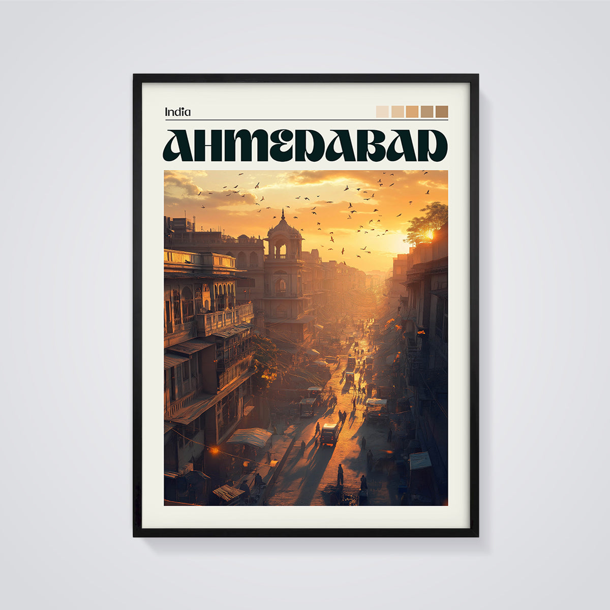 Ahmedabad Sunset Street Print framed in black on a grey background