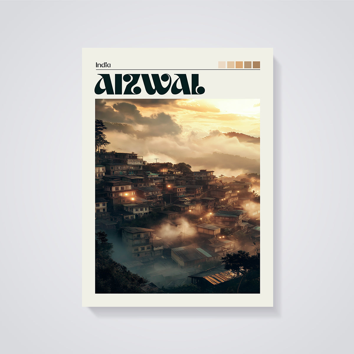 Aizawl India Misty Hillside Print unframed on a grey background