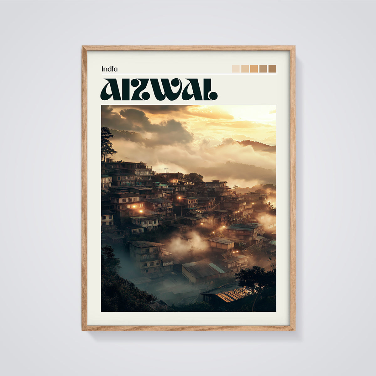 Aizawl India Misty Hillside Print framed in oak on a grey background