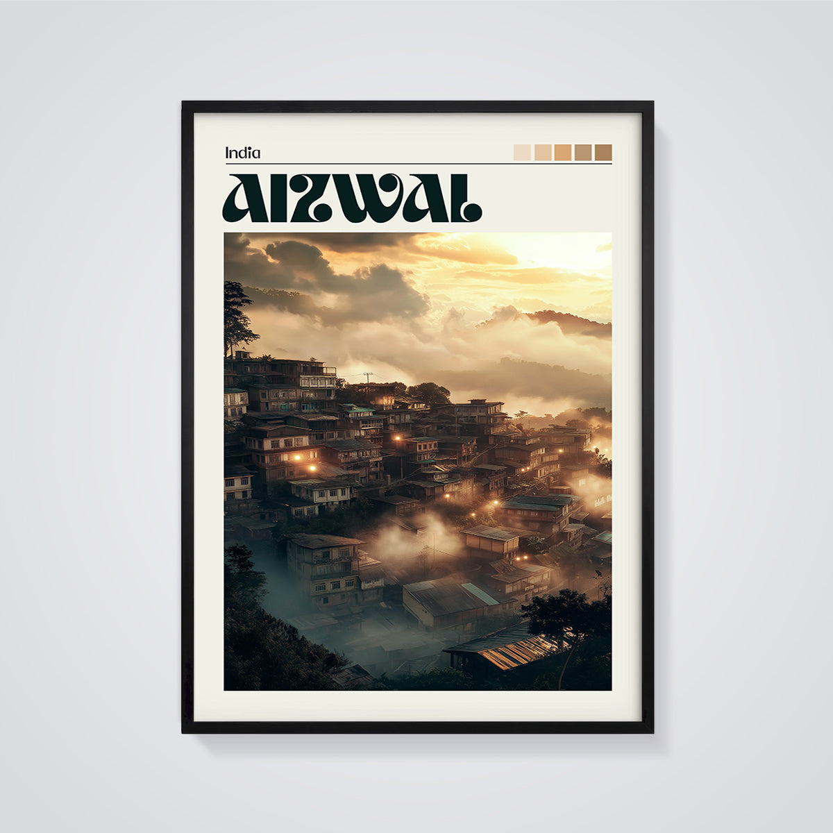 Aizawl India Misty Hillside Print framed in black on a grey background