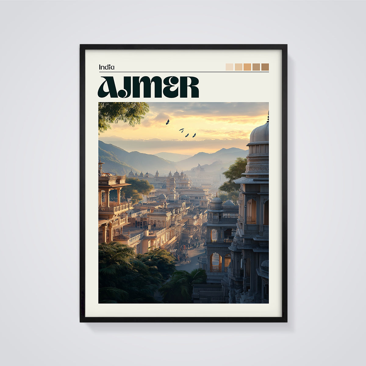 Ajmer India Cityscape Print framed in black on a grey background