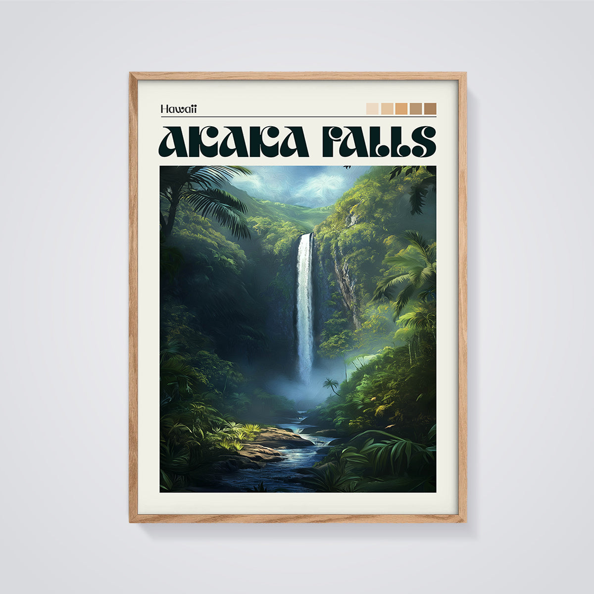 Akaka Falls Hawaii Waterfall Print framed in oak on a grey background