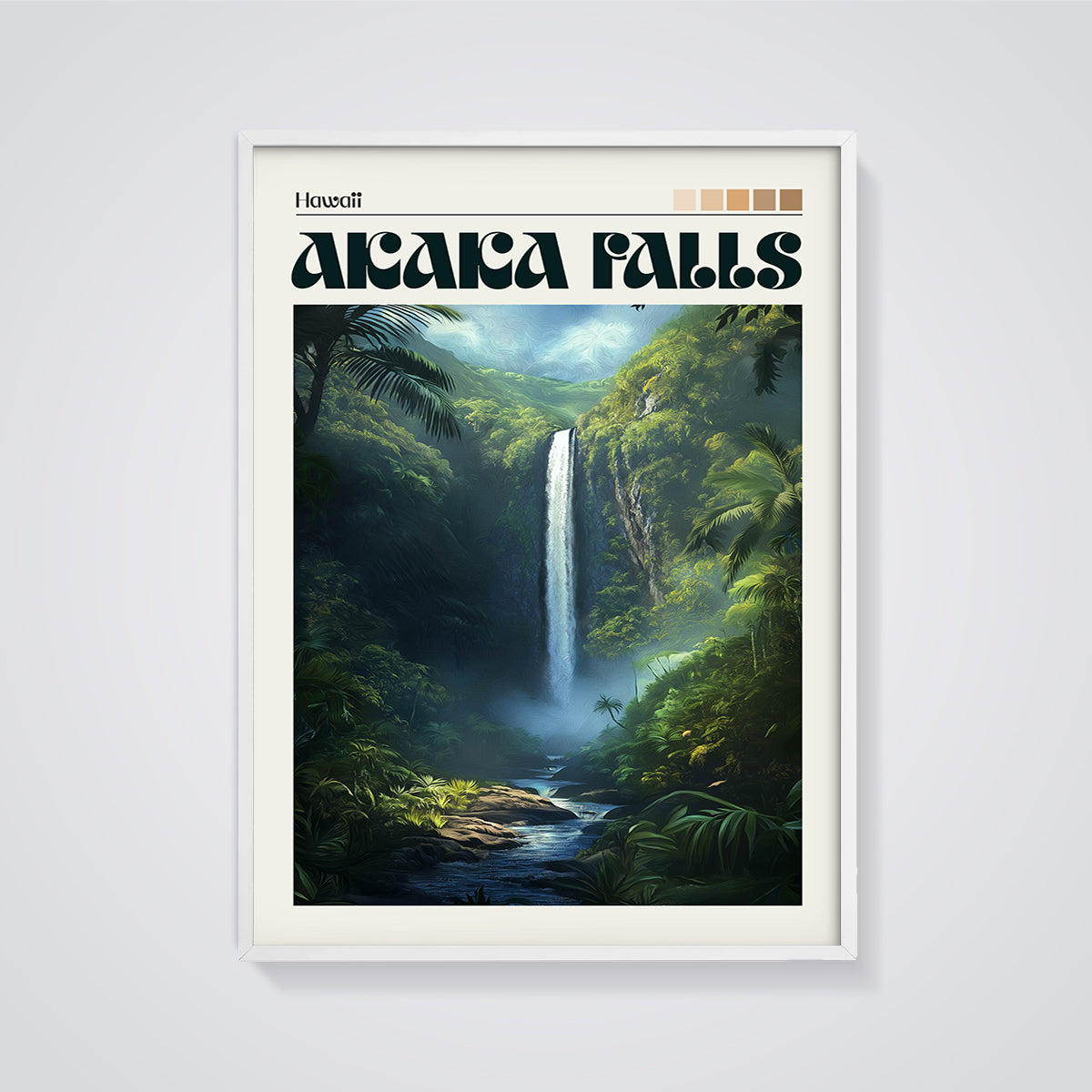 Akaka Falls Hawaii Waterfall Print framed in white on a grey background