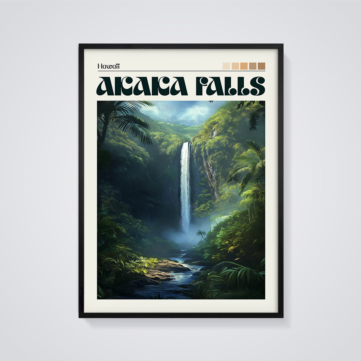 Akaka Falls Hawaii Waterfall Print framed in black on a grey background