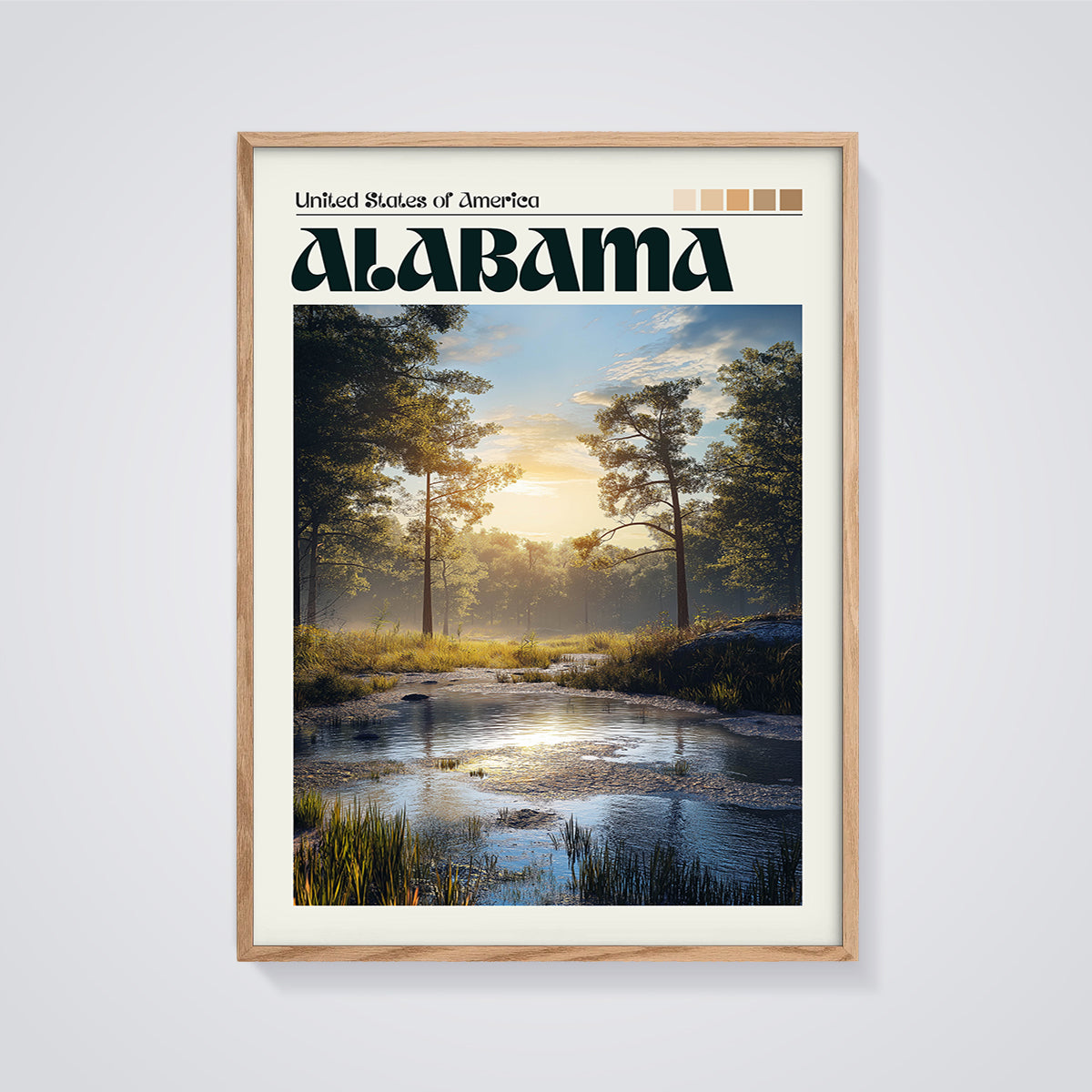 Alabama Wetland Sunset Print framed in oak on a grey background