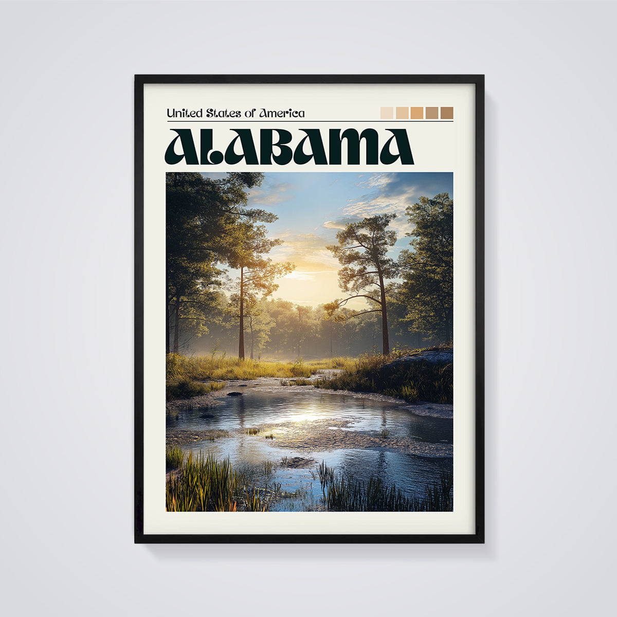 Alabama Wetland Sunset Print framed in black on a grey background