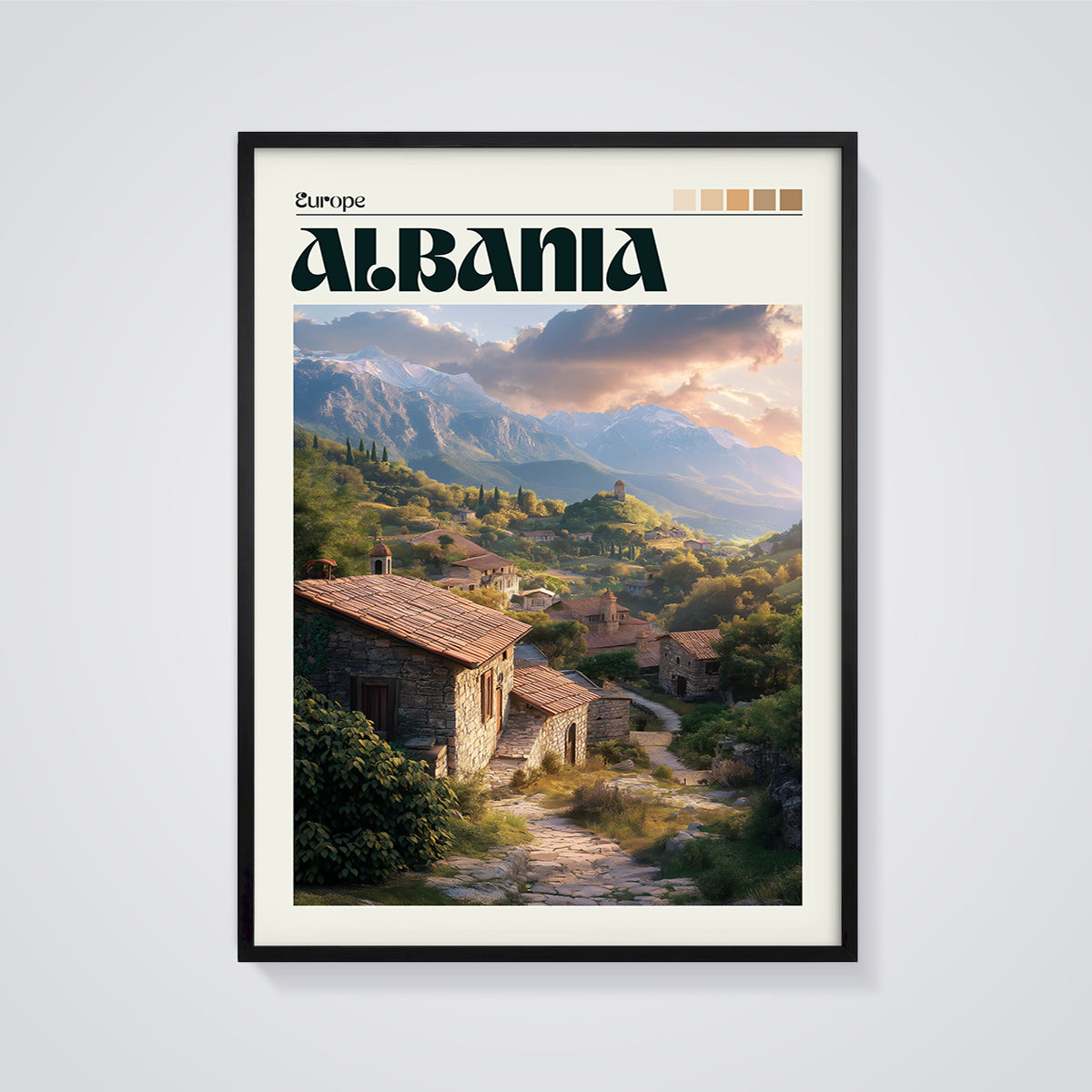 Albania Mountain Village Print framed in black on a grey background