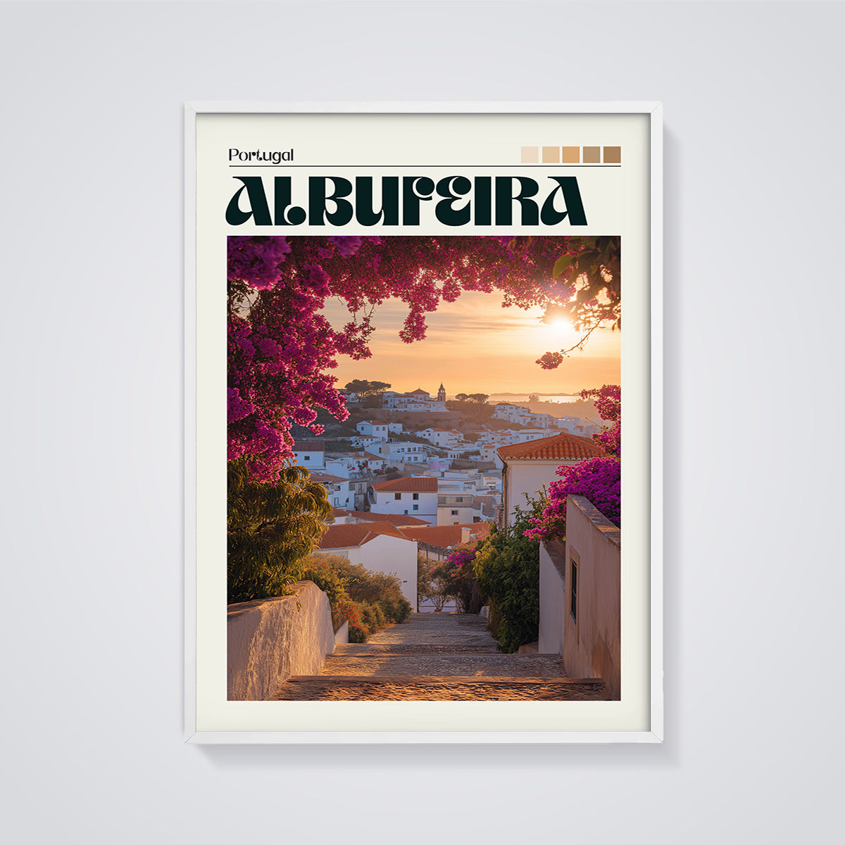 Albufeira Portugal Sunset Print framed in white on a grey background