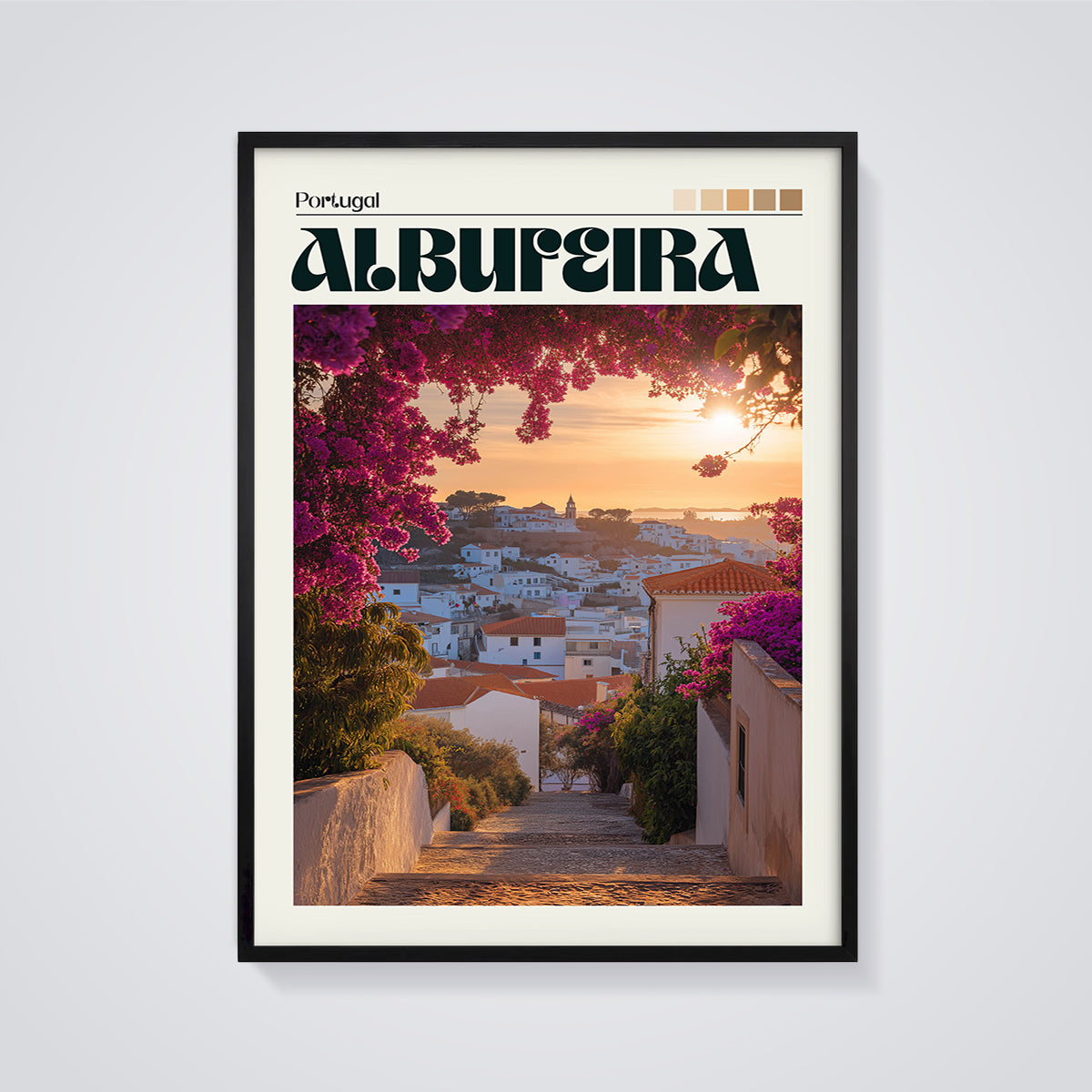 Albufeira Portugal Sunset Print framed in black on a grey background