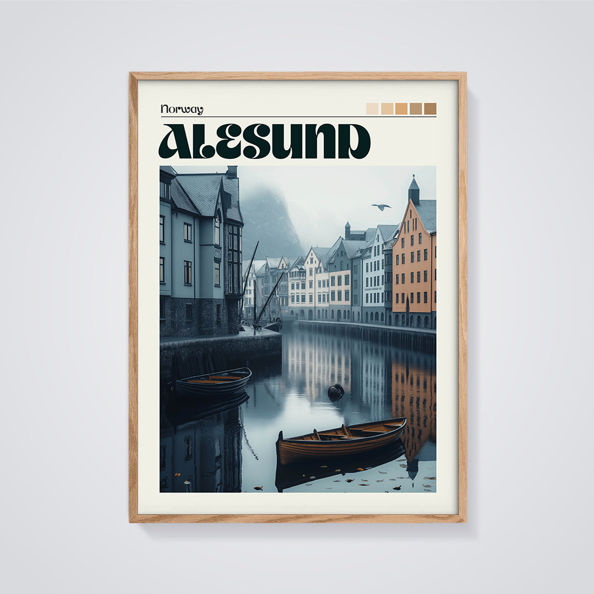 Alesund Canal Houses Print framed in oak on a grey background
