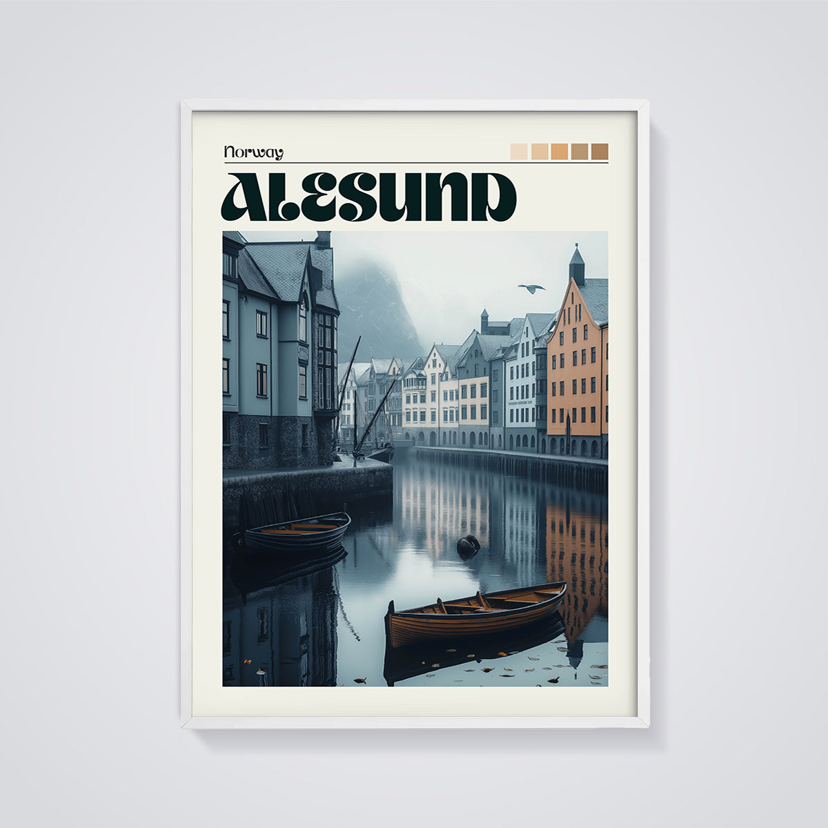 Alesund Canal Houses Print framed in white on a grey background