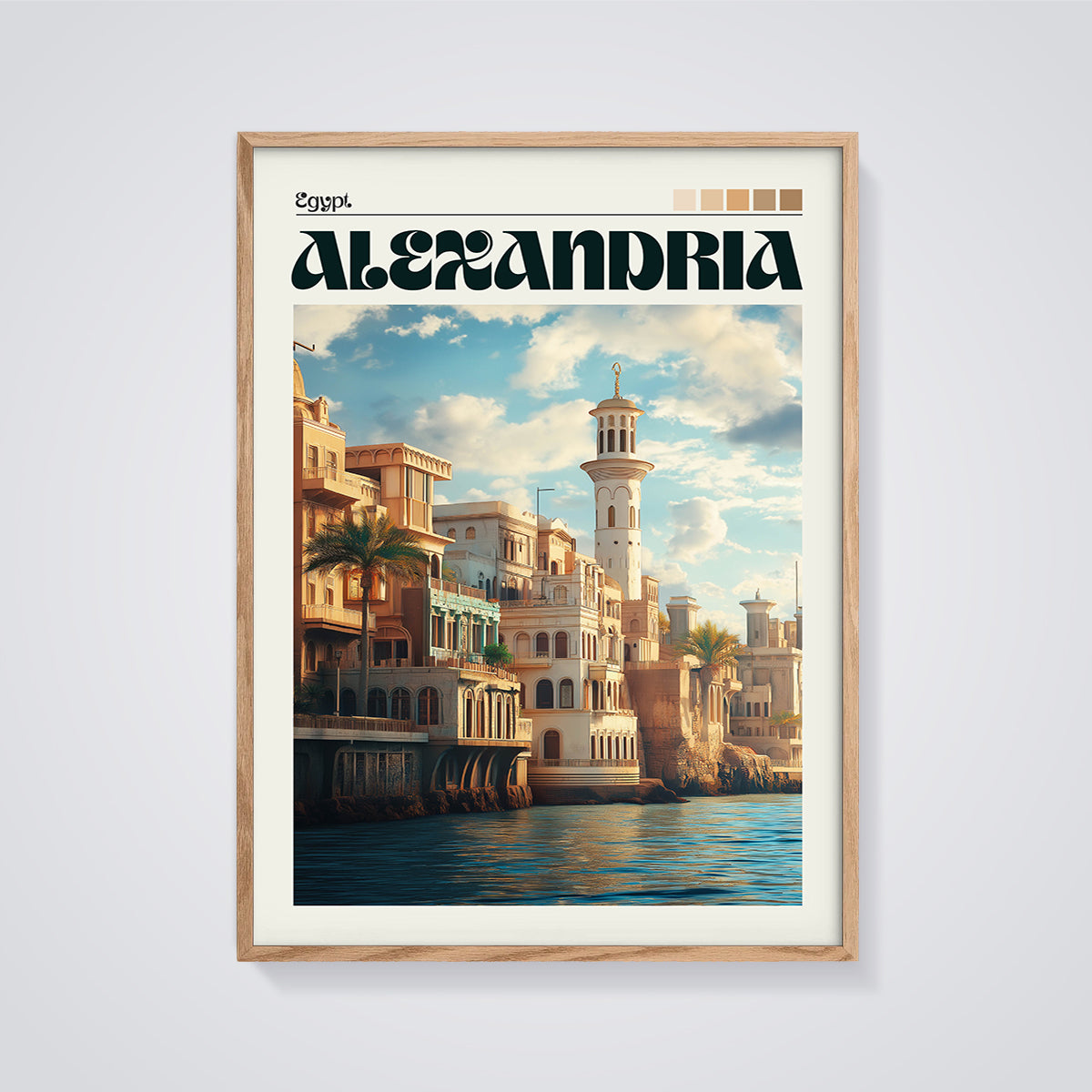 Alexandria Coastal Cityscape Print framed in oak on a grey background