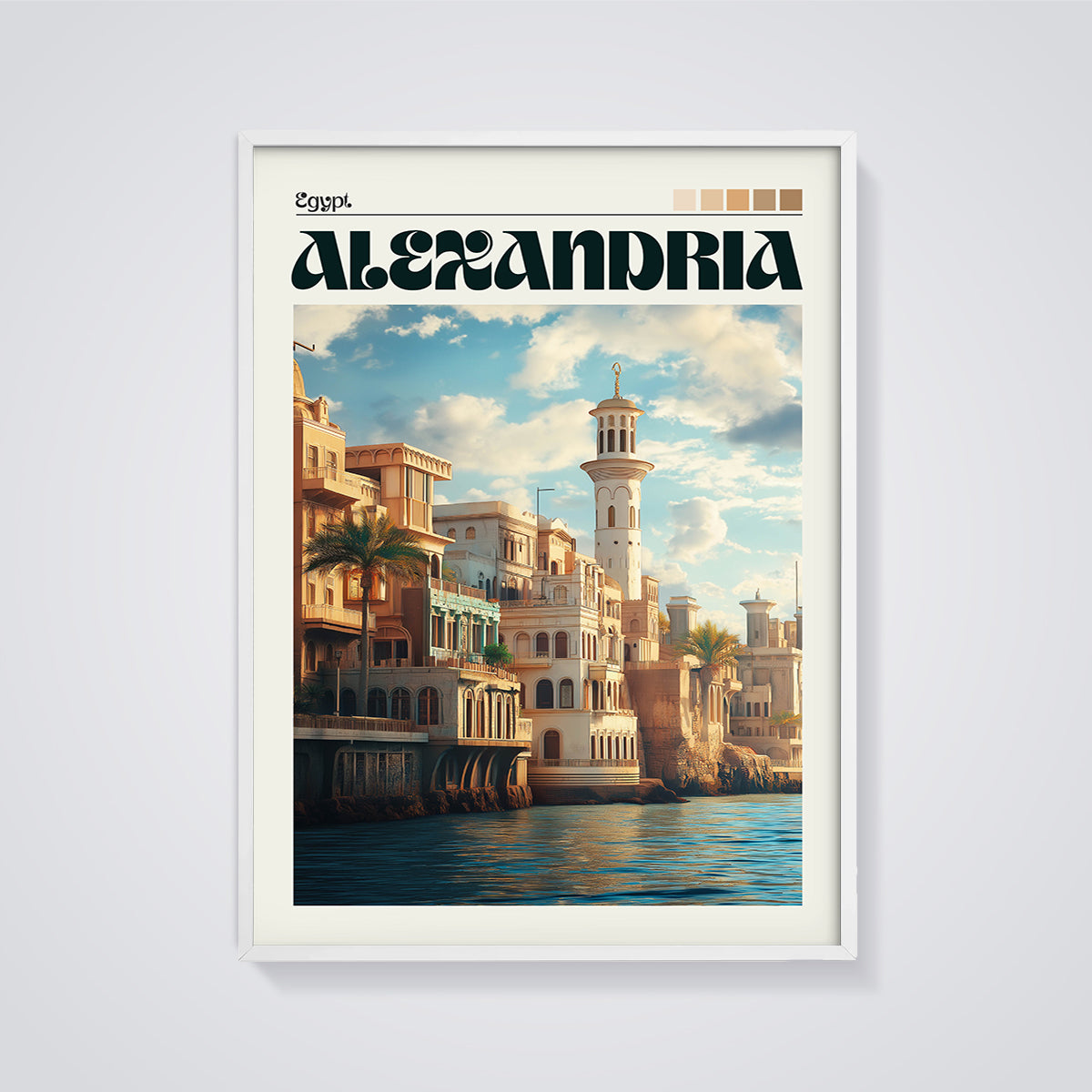 Alexandria Coastal Cityscape Print framed in white on a grey background