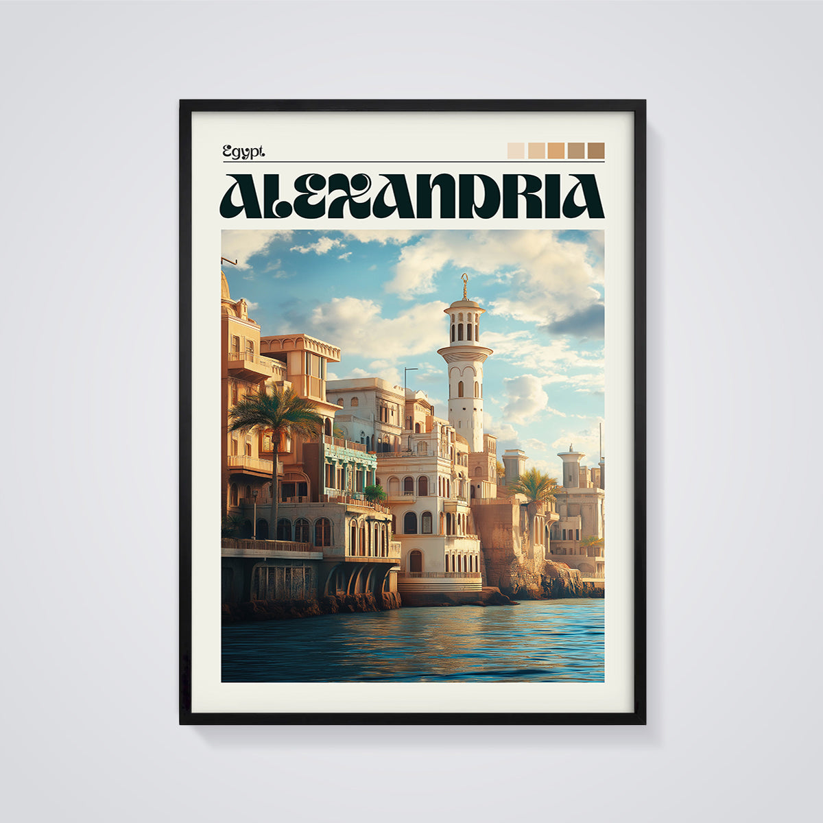 Alexandria Coastal Cityscape Print framed in black on a grey background