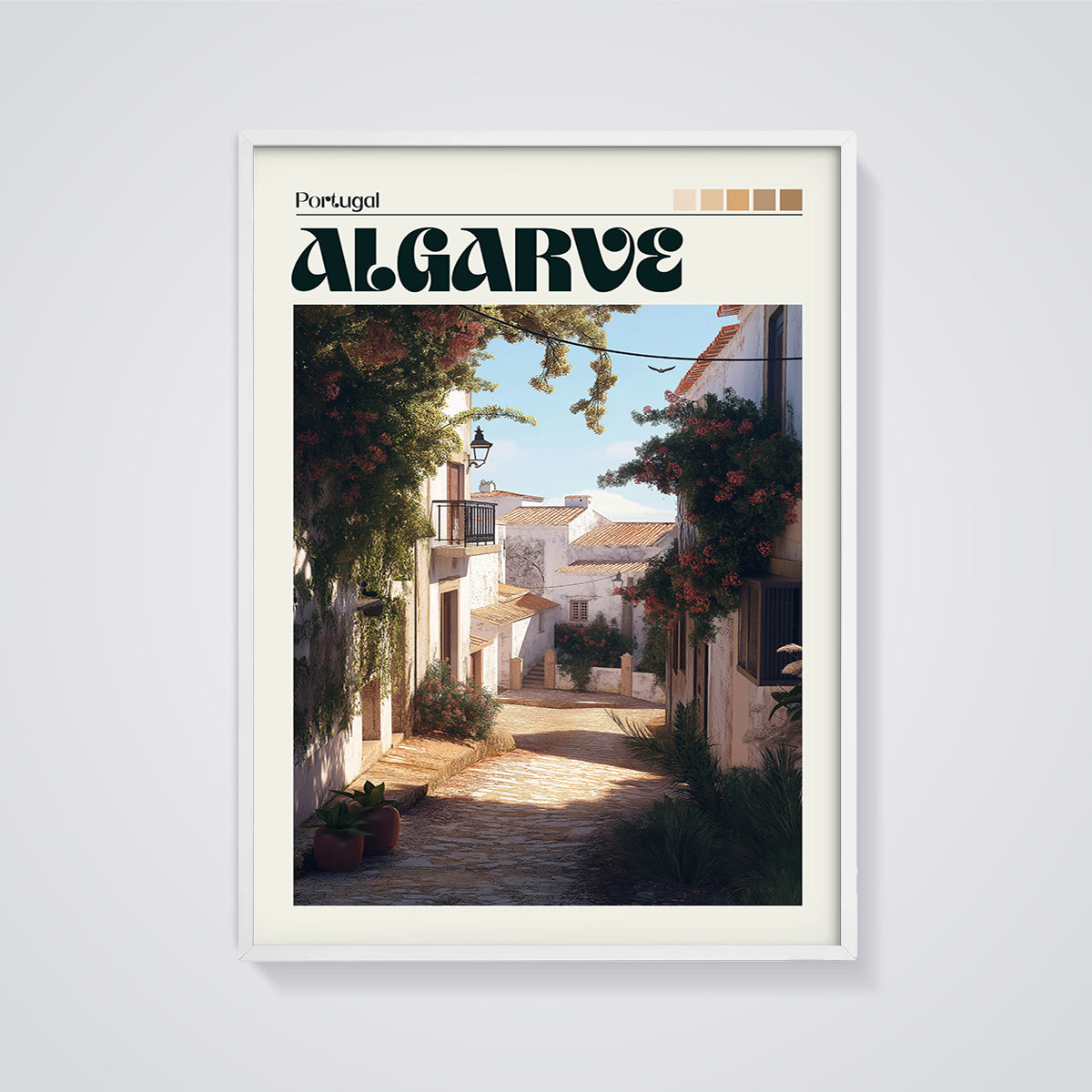 Algarve Portugal Street Print framed in white on a grey background