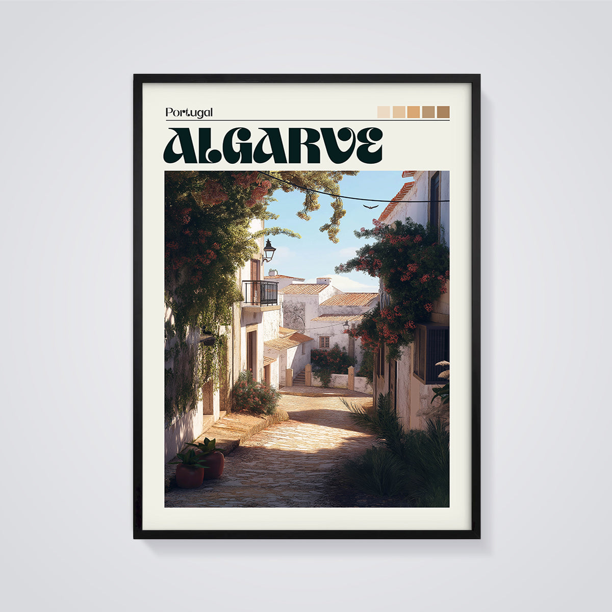 Algarve Portugal Street Print framed in black on a grey background